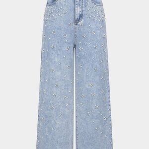 Pearl-Embellished Light Blue Wide Leg Jeans size M
